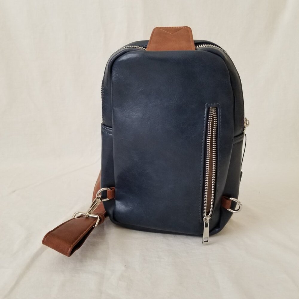 NWT! WestBronco Dark Blue and Brown Faux Leather Crossbody Shoulder Sling Bag - Picture 8 of 11